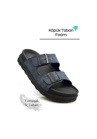 Sermoda Çift Toka Ayarlanabilir Genişlik Köpük Taban Rahat Deri Erkek Terlik Lacivert