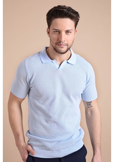 Ferraro A.Mavi/Beyaz Kuşgözü Desenli Polo Yaka Erkek Triko T-Shirt Mavi