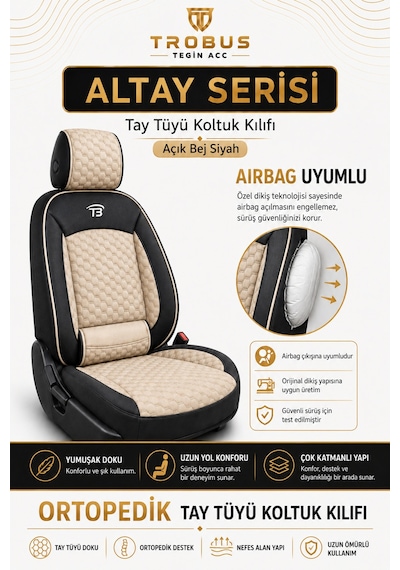 Peugeot 305 1977 1989 Uyumlu Altay Bel Destekli Tay Tüyü Oto Koltuk Kılıfı Bej Siyah
