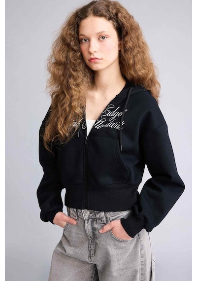 Defacto Kapüşonlu Baskılı Fermuarlı Sweatshirt H0168ax26spbk81 Siyah-bk81
