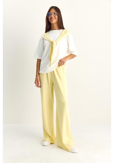 Shade Kadın Şal Detaylı Basic T-shirt Beli Lastikli Bol Pantolon Alt-üst Modal Takım 4116 60286084 - Sarı-beyaz Çok Renkli