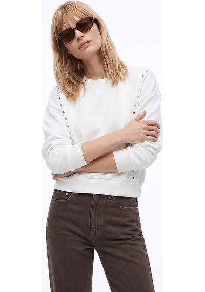 Fabrika Ekru Kadın Bisiklet Yaka Oversize Taşlı Sweatshirt F5wl-swt0038