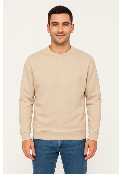 Etiler Collection Erkek Üç İplik Düz Bisiklet Yaka Sweatshirt - Bej