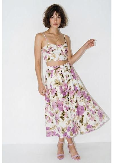 Kadın Çiçek Desenli Crop Bluz Ve Düğme Detaylı Midi Etek Takım 7697 60286365 - Ekru-mor