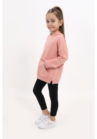 Toontoy Kids Toontoy Kız Çocuk 2'li Takım Baskılı Kapüşonlu Düşük Omuz Cepli Yırtmaçlı Sweatshirt & Basic Düz Tayt Mercan