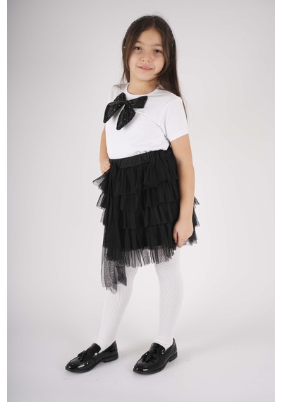 Miniko Kids 23 Nisan 29 Ekim Konsept Fiyonk Detaylı Tül Detaylı Kat Kat Tütü Etekli Takım Siyah