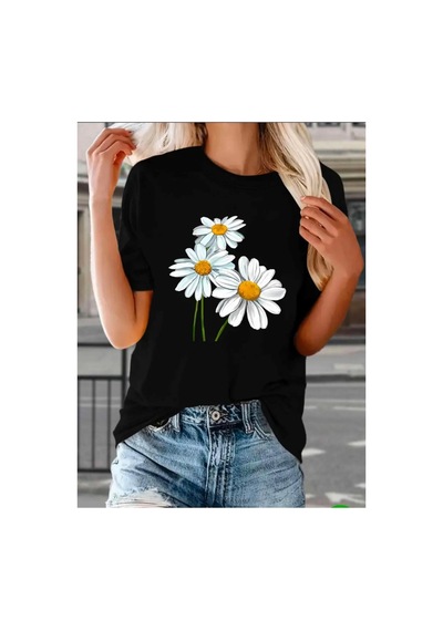 Medinenur Papatya Baskılı Basic T-shirt Siyah