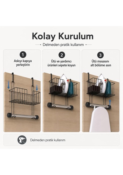 Kapı Arkası Ütü Masası Askılığı Siyah, Sepetli Kapı Arkası Düzenleyici, Delmeden Kullanımlı Ütü Diğer