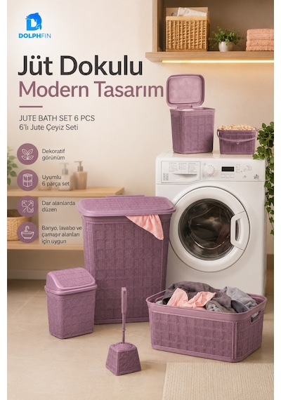 Jute Çeyiz Seti 6 Lı Plastik Banyo Mutfak Dolap İçi Düzenleyici Sepet Kutu Çöp Kovası Seti Karışık Renk Siyah