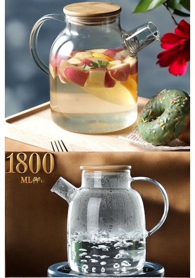 Morponi Ateşe Dayanıklı Borosilikat Cam Bambu Kapaklı Bitki Çayı Demliği & Sürahi 1800 Ml Şeffaf