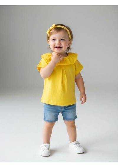 Zekids Kız Bebek Pamuklu Yakası Fırfırlı Basic T-shirt-7460 Sarı