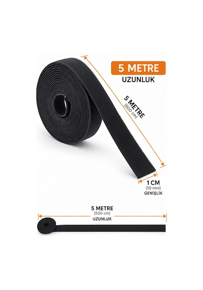 3b Trend 5 Metre Cırt Cırt Kablo Düzenleyici Bant Siyah Yeniden Kullanılabilir Kablo Toparlayıcı