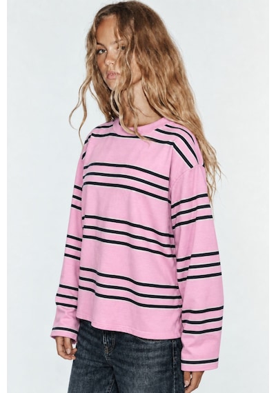 Hiccup Bıpantolon Kadın Oversize Çizgili Bisiklet Yaka Sweatshirt Pembe