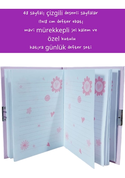 48 Sayfalı Çizgili Desenli Sayfalar 13x18 Cm Defter Ebatı Mavi Mürekkepli Jel Kalem Özel Kutulu 10