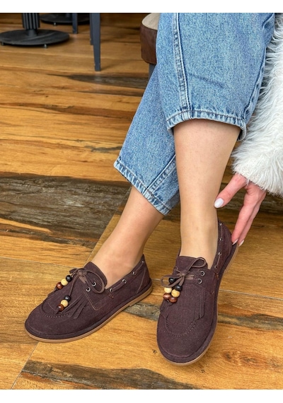 Erva'nın Butiği Kahve Süet Shake Saraçlı Boncuk Detay Kadın Loafer-6014