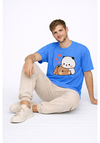 Sevimli Panda Baskılı Sevgili Kombini Çift Tişört Oversize Unisex Mavi