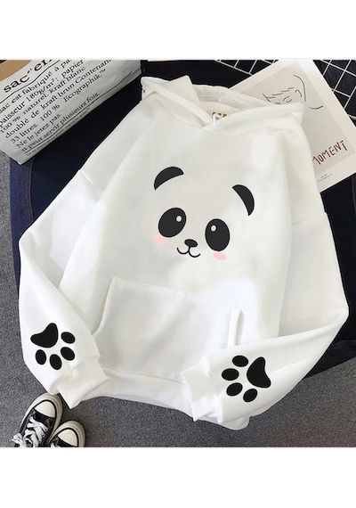 Sevimli Panda Kol Detaylı Beyaz Kapşonlu Sweatshirt Beyaz