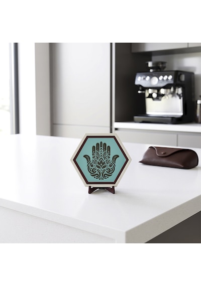 Estetik Hamsa Motifli Masaüstü Aksesuarı, Yaşam Alanlarınızda Huzurlu Bir Hava Oluşturan Modern Dekor 10x10 Cm, Turkuaz