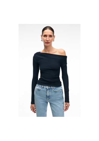 Grımelange OLIVIENN Kadın Omuzu Açık Asimetrik Yakalı Uzun Kollu Slim Fit Lacivert Bluz Grımelange OLIVIENN Kadın Omuzu Açık Asimetrik Yakalı Uzun Kollu Slim Fit Lacivert Bluz