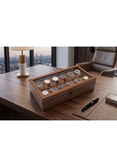 Woodini Premium Taba 12'li Ahşap Saat Kutusu - Yeni Nesil Yastıklı