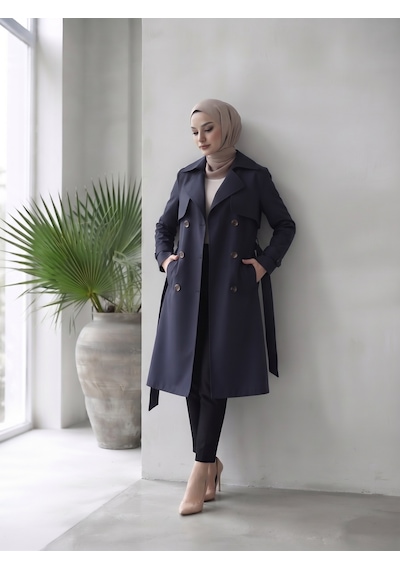 B.he.z Kruvaze Yaka Bondik Su İtici Kumaş Astarlı Trend Model Diz Altı Trençkot Lacivert