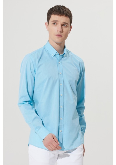 Erkek Turkuaz Slim Fit Dar Kesim %100 Pamuk Düğmeli Yaka Desenli Gömlek Turkuaz