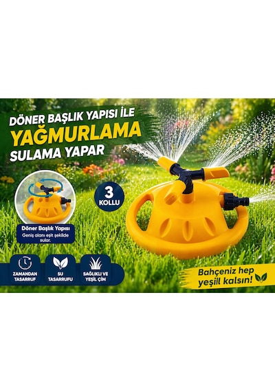 Roney Tablalı Hareketli Su Tabancası Fıskiyesi 3 Kollu Dönerli Bahçe Çim Sulama Aparatı Plastik Dy6013