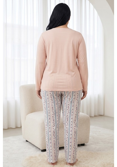 Siyah İnci Düğmeli Pamuklu Likralı Büyük Beden Battal Boy Örme Pijama Takım26240917 Somon Siyah İnci Düğmeli Pamuklu Likralı Büyük Beden Battal Boy Örme Pijama Takım26240917 Somon