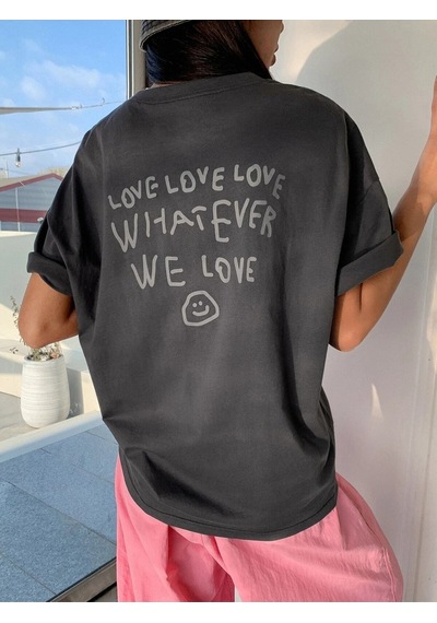 Flood Of Style Kadın Füme Love Love Love Baskılı Oversize T-shirt Gri