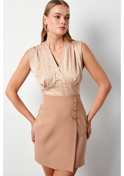 Sateen Kruvaze Desenli Saten Bluz - Camel