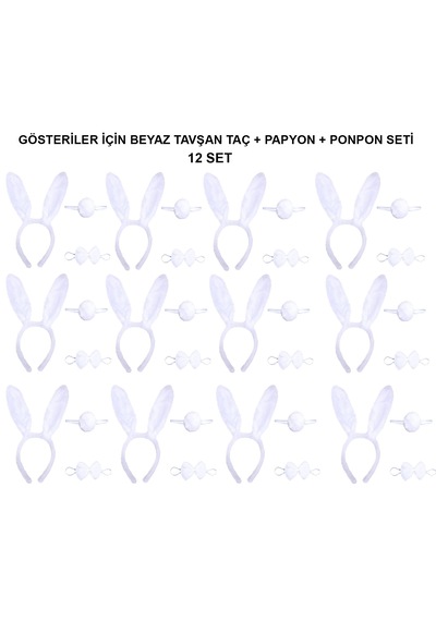 Beyaz Tavşan Kostüm Seti Taç, Papyon, Kuyruk 12 Li Paket Çok Renkli