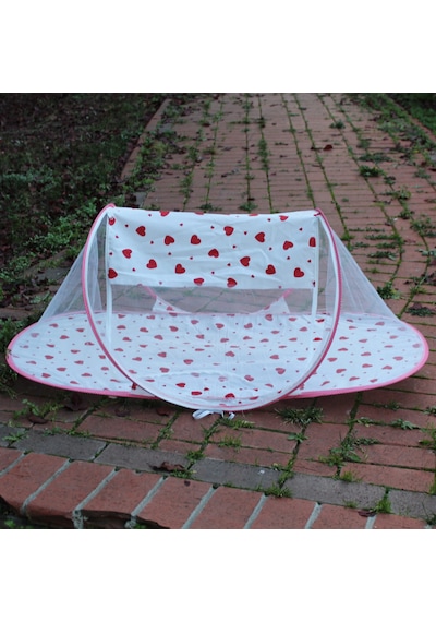 Çantalı Katlanabilir Bebek Cibinlik Gölgelik Çadırı 60x120 Cm Kalp Desenli, Sinek Ve Haşere Koruma