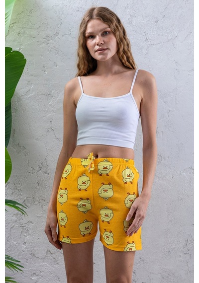 Giysa Kadın Beli Lastikli Desenli Şort Pijama Altı Sarı - 2027 Sarı