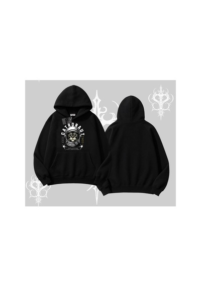Tarzsokak Catronaut Kedi Baskılı Kapşonlu Sweatshirt Siyah