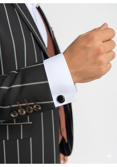 Erkek Çizgili Takım Elbise 3 Lü Set Ceket + Yelek + Pantolon Slim Fit İtalyan Tarz Siyah
