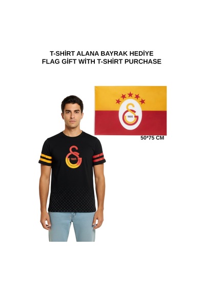 Gsstore Galatasaray Lisanslı Logo Baskılı Siyah T-shirt Bayrak Ve Uv Kutu Siyah