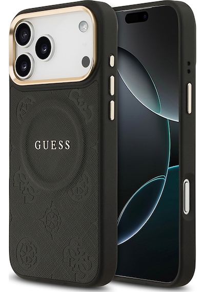 Apple Uyumlu iPhone 17 Pro Max Kılıf Guess Lisanslı M-safeli Sıcak Baskılı Yazı Logolu Pu Deri Peony Siyah Siyah