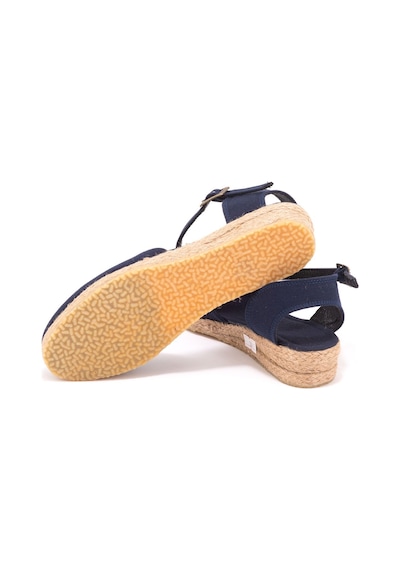 Star Tombis Gerçek Elişi Topuğu Açık Bilekten Bantlı 3cm Dolgu Topuk Keten Hasır Espadril Handmade Lacivert