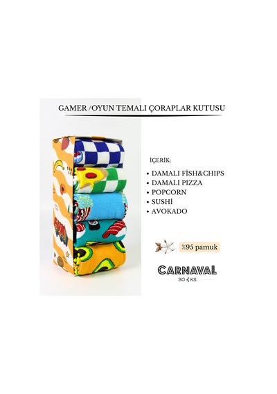 Carnaval Socks Damalı Ve Renkli 5'li Fast Food Tasarım Çorap Kutusu Beyaz - Mavi-turuncu-yeşil