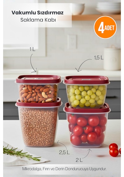 Kırmızı 4'lü Vakumlu Sızdırmaz Kapaklı Saklama Kabı Erzak Düzenleyici Set 1l, 1,5l, 2l, 2,5l Kırmızı