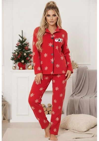Siyah İnci Yılbaşı Temalı Nakışlı Kar Tanesi Desenli Polar Kışlık Örme Pijama Takım Kırmızı