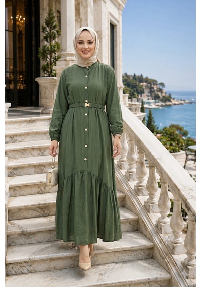 Hb Harma Time Butik Kadın Düğmeli Kemerli Çilek Kumaş Haki Elbise Haki Haki