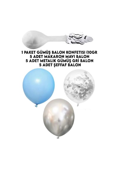Beysüs 15'li Gümüş Konfetili 5 Şeffaf Balon 5 Makaron Mavi 5 Metalik Gri Balon Seti Standart