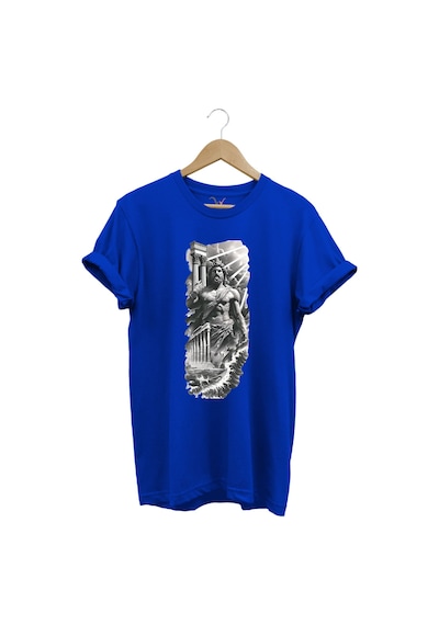 Yunan Mitolojisi Parthenon Zeus Baskılı Minimal Regular Fit %100 Pamuk Mavi T-shirt Saks Mavi