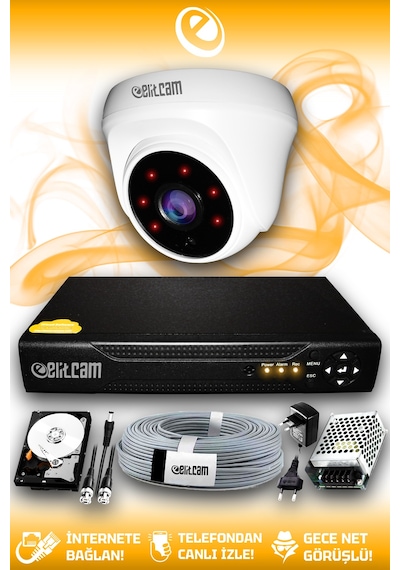 Elitcam 1 Kameralı Dome 1 İç Kamera Set 2 TB HDD Full HD Gece Görüşlü Güvenlik Kamerası Sistemi