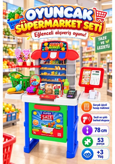 Süpermarket 53 Parça Gerçek Hesap Makineli 78 Cm Sesli Işıklı Barkod Okuyuculu Eğitici Oyuncak Seti