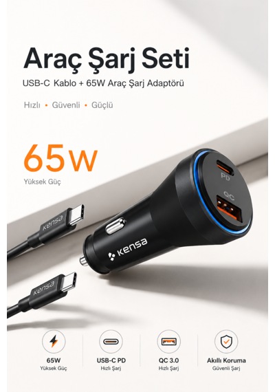 Kensa 65w Çift Portlu Hızlı Araç Şarj Aleti + Usb-c To Usb-c Şarj Kablosu Seti 65w Araç Şarj Cihazı