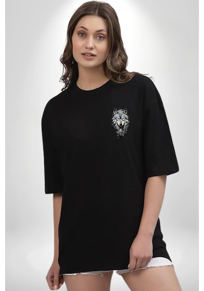 Beyaz Kurt Siyah Oversize Unisex Ön Sol Yan Minimal Baskılı Tişört Koyu Siyah