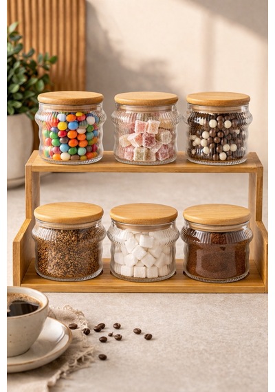 6 Lı Baharatlık 8x8 Cm Seti Ahşap Standlı Kapaklı Cam Kavanoz Seti Mutfak Düzenleyici & Kahve Baharat Organizer Şeffaf
