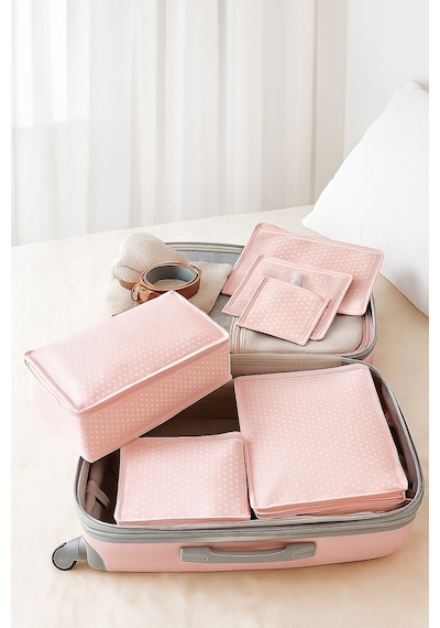 Serstil 6 Parça Bebek Bakım Çanta Seti Filesiz Pembe Puantiyeli Organizer Pembe Puantiye